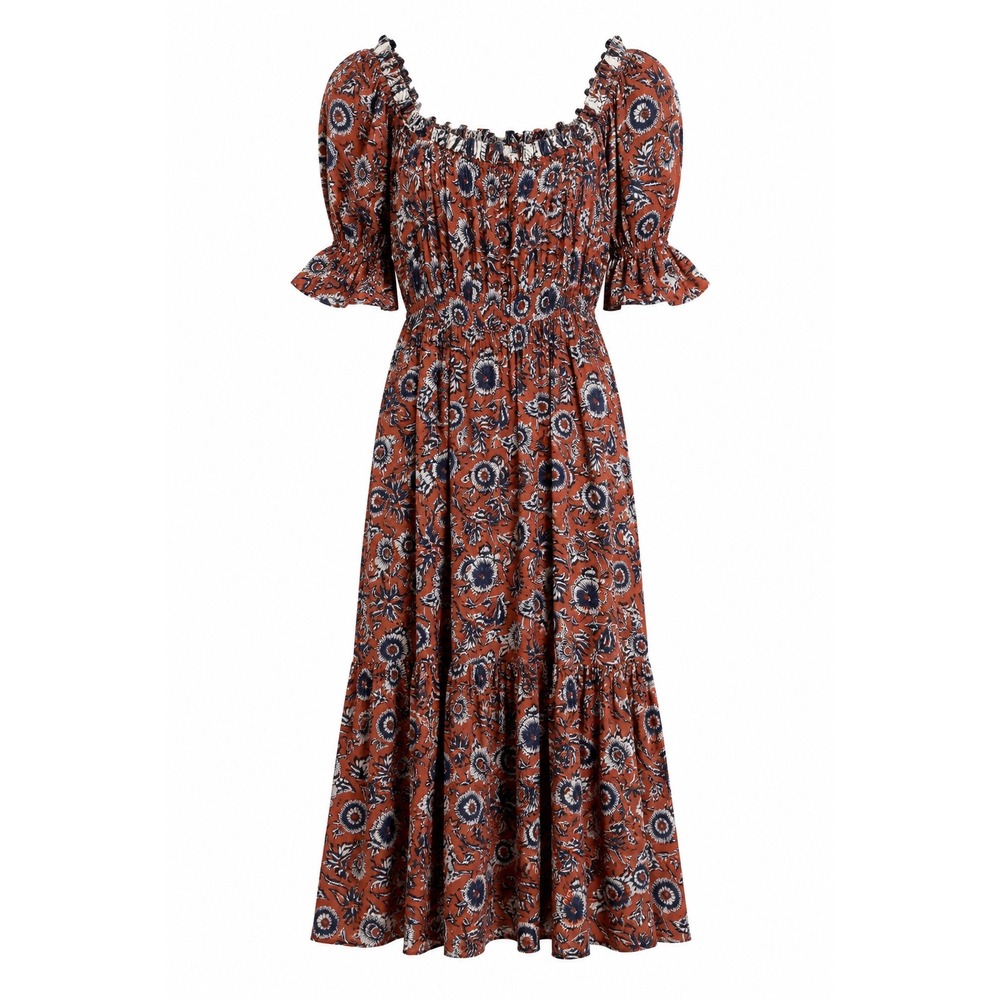 Cleobella Catalina Floral Midi Dress Lenzing Viscose Puff Sleeve Brown‎ Blue S